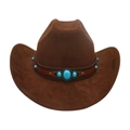 Brown western cowboy hat with suede texture and turquoise stone leather band decoration - One Size / Coffee