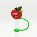 Red apple silicone straw cover with green leaf and Thank You text on white background - Thank You Apple-1704-04