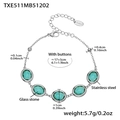 Silver stainless steel bracelet with oval green glass stones and beaded details - Steel Bracelet - Light Green Glass Stone