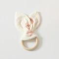 Beige cotton gauze rabbit ear baby teether toy with natural wooden ring and pink bunny print - Pink Rabbit