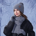 Winter 3-piece set with gray knit beanie, scarf and gloves featuring faux fur pom-poms - Gray