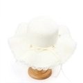 Close-up of white straw hat featuring intricate pearl decor and delicate lace edging - M (56-58cm) / Cream