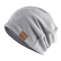 Light grey double-layered knit beanie with F&S leather patch and warm inner lining - Thin Style / Light Gray