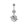 Macro shot of silver belly button ring featuring a spiked heart pendant and clear zircon - Thorn Heart