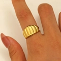 Irregular 18K gold plated stainless steel croissant ring with ribbed texture design - 18K Gold Ribbed Texture (DZ-890)
