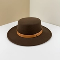 Flat top brown wool felt boater hat with stylish leather belt and golden stud detail - M (56-58cm) / Coffee - Coffee Belt
