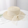 Cappello di paglia a testa piatta con fiocco in pizzo bianco per il mare - Circonferenza Testa 55-57CM Regolabile / Bianco avorio