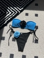 Two-piece color block bikini with 3D rose decor and adjustable side-tie bottoms - Lake Blue