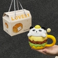 Cute hamburger-shaped ceramic mug with panda lid and gift box for birthday presents - Hamburger Mug + Panda Lid + Ball Spoon + Gift Box