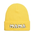 Detailed close-up of yellow knit beanie featuring bold white MAMA embroidered letters - Adult Style(MAMA) / Light Yellow