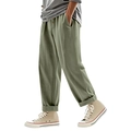 Detail view of men's green linen trousers showing button waist and breathable fabric texture - Army Green