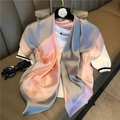 Pink and gray silk square scarf paired with a white short sleeve knitted top on sofa - Grey Pink Patchwork