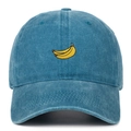 Close-up of embroidered banana on washed blue cotton vintage baseball cap - Lake Blue