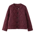Women's vintage dark red quilted jacket with round neck and onion stitching on white background - XS / Burgundy