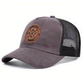Dark grey faux suede and black mesh trucker hat with embossed circular leather patch - Gray