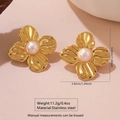 Gold stainless steel flower earrings with white pearl center, size 3.42cm in diameter - Wavy Petal Large Stud (FYD6051EH)