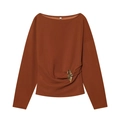 Rust long sleeve buckled off-shoulder top with side ruching and golden hardware - S / Light Brown Top