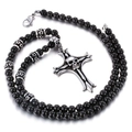 Men's stainless steel necklace with black beads and silver skull cross pendant - Skull Cross Style (KN20888-BD)
