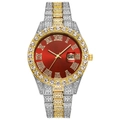Close-up of a luxury iced-out watch featuring a red dial with Roman numerals and calendar - Two-tone Gold Red Dial