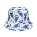 White bucket hat featuring blue jellyfish all-over print with a flat top and stitched brim - M (56-58cm) / White Blue Jellyfish