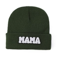Detail of forest green knitted beanie with white MAMA chenille patch embroidery - Olive Green