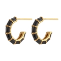 18K gold-plated C-shaped earrings with black enamel grid design for women - Enamel Wheel C-Shaped Studs - Black