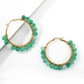 Bohemian gold hoop earrings with green natural stone beads and wire-wrapped details - Green Cracked Texture Beads / Green Agate