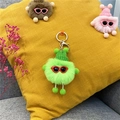 Detail eines grünen Plüsch-Schlüsselanhängers mit Strickmütze und roter Sonnenbrille - Fluoreszierendes Grün