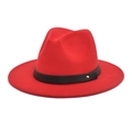 Close-up of red wide-brim wool fedora hat with black leather belt and gold studs decoration - M (56-58cm) / Red