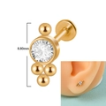 16G Gold plated flat back stud earring with 8.80mm cubic zirconia and bead cluster - Size #16