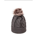 Detailed close-up of dark grey cable knit pattern and fluffy faux fur pom-pom on beanie - M (56-58cm) / Dark Gray