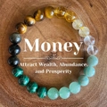Macro detail of natural stone bead bracelet with tiger eye and malachite on wood - Gradient Wealth Bracelet-Money