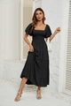Detail of square neck and puff sleeve design on a slim fit black summer dress - S / Black