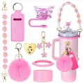 Pink Stanley cup accessories set with floral handle chain and silicone boot cover - 8-Piece Set 13-Pink Woven Chain