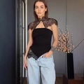 Slim fit black sleeveless top with floral lace patchwork collar and hem detailing - S / Black