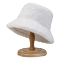 Thick plush winter bucket hat in pure white faux fur for women on a display stand - White