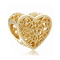 Golden heart-shaped charm bead with intricate filigree texture and polished finish - 014-Vintage Hollow Heart