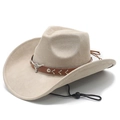 Classic beige faux suede western cowboy hat with cattle head belt and windproof rope - M (56-58cm) / Beige