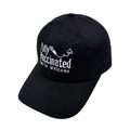 Detail of white Fully Vaccinated embroidery and syringe graphic on black cotton baseball cap - Black