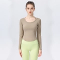 Eng anliegendes Yoga-Langarmshirt mit High-Waist-Leggings in Erdtönen und Salbeigrün - S / Kamelkaffee