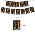 Striscione Happy New Year nero e oro con motivi di fuochi d'artificio e misure - Banner