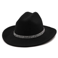Close-up of a black wool fedora featuring a shiny silver sequined decorative chain band - M (56-58cm) / Black