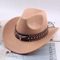 Camel felt cowboy hat with leather rivet band and metallic bull head ornament - One Size 57-58cm / White Bull Head with Three Rows of Studs / Camel