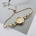 Elegant gold quartz watch bracelet with round marble dial and yellow heart gemstones - Rose Gold Coffee