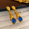 French vintage gold drop earrings with lava texture and oval blue stone accents - E4709 Silver Pin-Blue (Lava Sapphire Color)