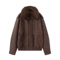 Brown faux suede jacket with a plush faux fur collar in a classic minimalist style - XS / Brown