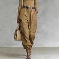Women's loose high-waisted cargo pants in earthy khaki color with leather belt accessory - Khaki