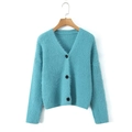 Bright blue mohair knit cardigan with V-neck and black buttons on white background - S / Sky Blue