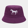 Detailed close-up of white horse embroidery on deep purple corduroy bucket hat - One Size / Purple