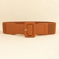 Elegante cintura elastica larga marrone con fibbia quadrata in pelle coordinata - Stile Fibbia Quadrata Rivestita (19751) / Cammello